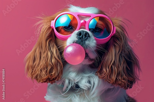 Cavalier King Charles Spaniel dog blowing bubble gum wearing sunglasses fashion portrait on solid pastel background. presentation. advertisement. invitation. copy text space. © CassiOpeiaZz