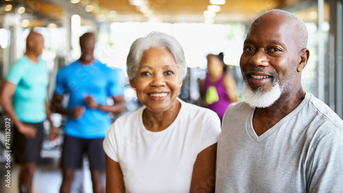 Portrait of smiling senior man and woman standing together in fitness studio
