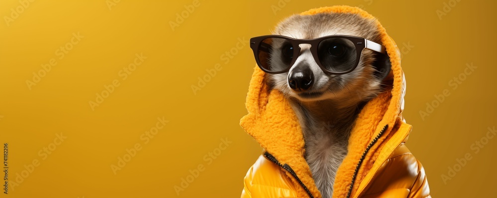 Meerkat Wearing Yellow Winter Jacket and Sunglasses Isolated on Yellow Background with Copy Text Space. Generative AI