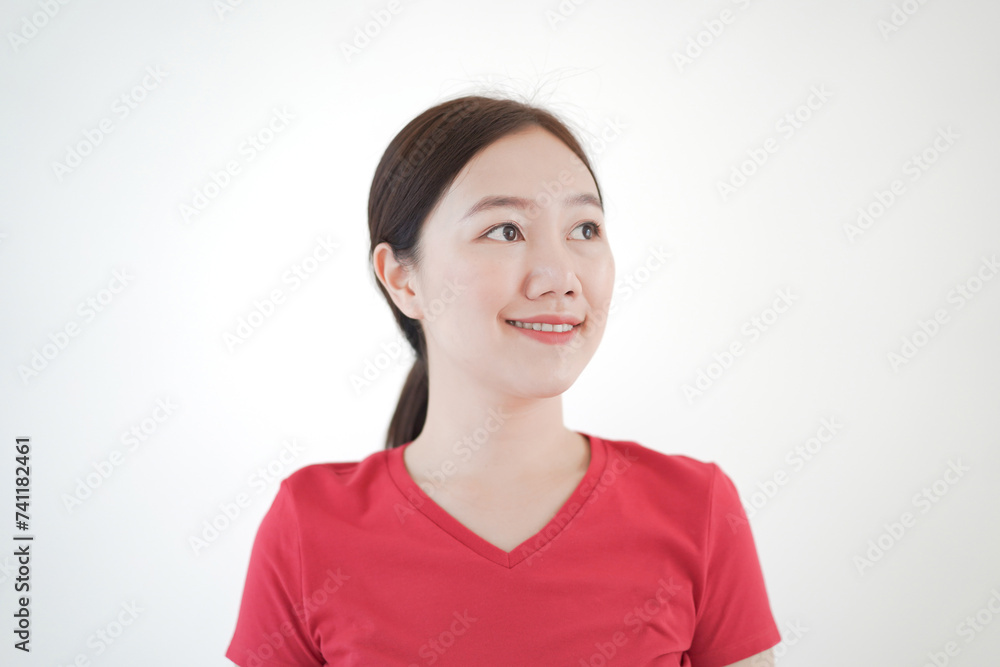 Smart and good looking Asian beautiful young woman in red t-shirt standing for portrait photography. Smart and good looking Asian beautiful young woman in red t-shirt standing for portrait photography.