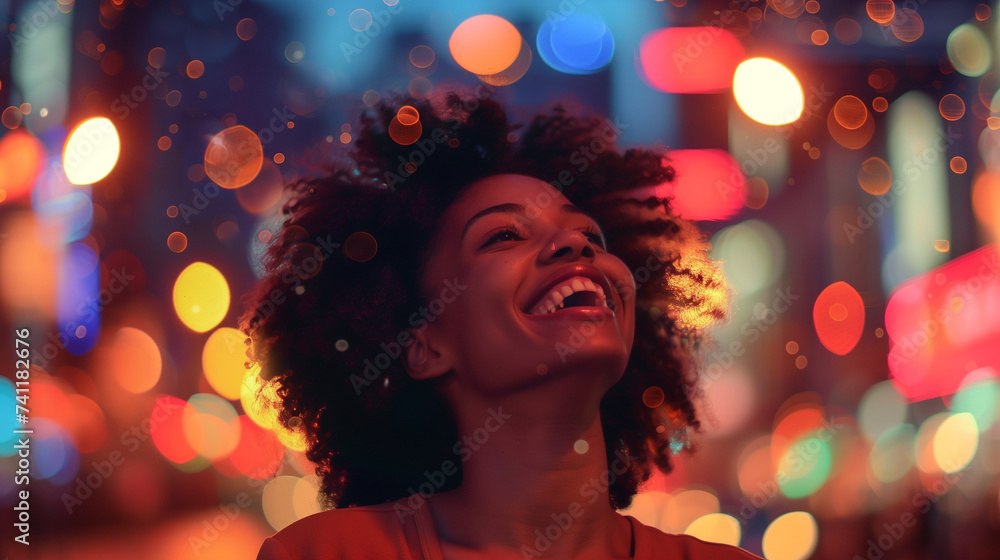 Joy in the City: A Vibrant Nighttime Portrait of a Young Black Woman Laughing Wholeheartedly, Her Spirited Expression Illuminated by the Warm, Glowing Lights of the Cityscape