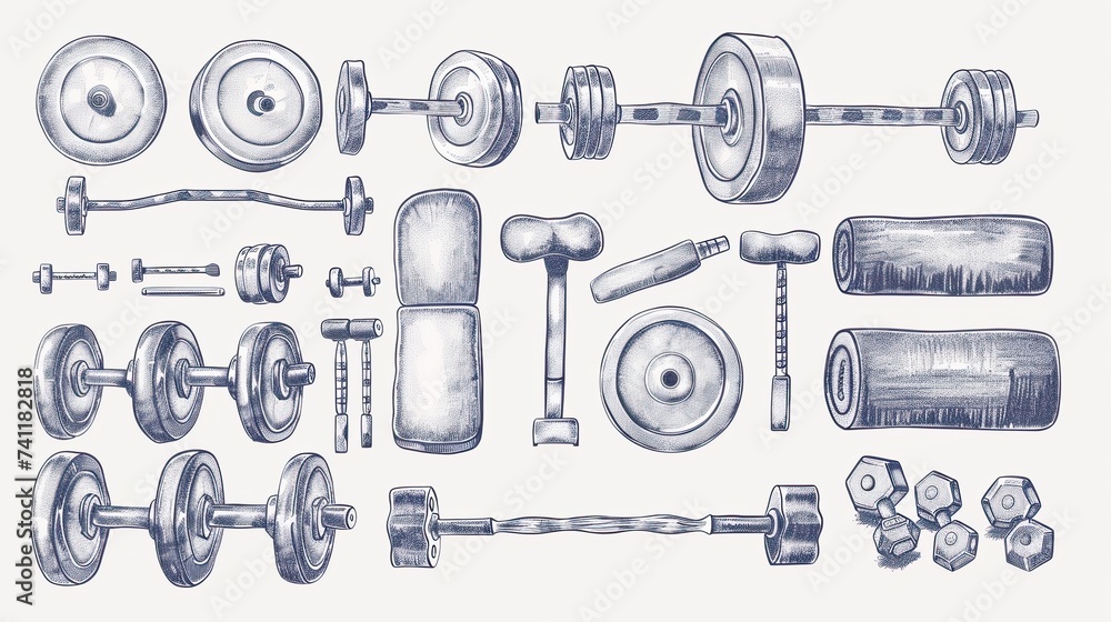Cute hand drawn set of elements Simple exercise equipment, a collection of doodles, treadmills, dumbbells, weightlifters, fitness knits, and many more. Vector illustration white background Cute hand drawn set of elements Simple exercise equipment, a collection of doodles, treadmills, dumbbells, weightlifters, fitness knits, and many more. Vector illustration white background