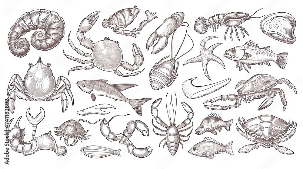 Cute hand drawn set of simple freshwater animal elements. Collection of scribbles, shrimps, mollusks, crabs, fish, frogs, turtles and many more. Vector illustration white background Cute hand drawn set of simple freshwater animal elements. Collection of scribbles, shrimps, mollusks, crabs, fish, frogs, turtles and many more. Vector illustration white background