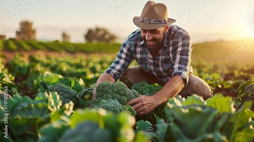 Portrait of a farmer with green broccoli in field with morning sunlight with a big empty space for text or product, Generative AI.