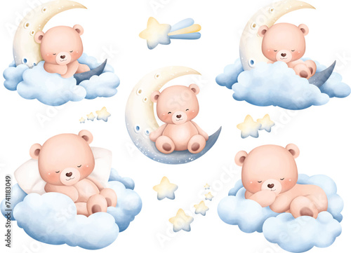 Watercolor Illustration set of Cute Baby Teddy Bears with Moon and Stars