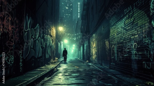 A mysterious figure walks down an urban alley illuminated by neon signs and adorned with graffiti at night.
generative ai