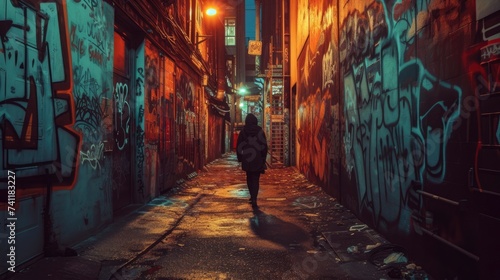 A mysterious figure walks down an urban alley illuminated by neon signs and adorned with graffiti at night. generative ai © Mina Nida