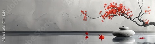 Tranquil scene with zen stones, red maple leaves, and serene water reflecting a foggy landscape.