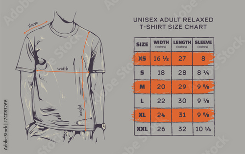 Vector illustration of a t-shirt size chart template photo