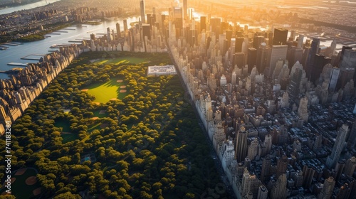 Sunset casts golden light over Central Park, creating a stunning contrast with the surrounding Manhattan skyscrapers. generative ai