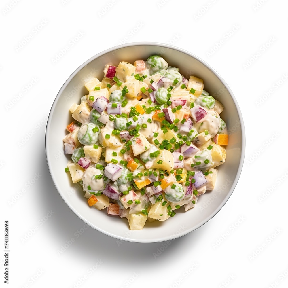 Creamy potato salad on a white background, Potato salad in a white bowl, russian salad on a white background, a bowl of classic potato salad, a bowl of russian salad, potato salad, easy to cut out
