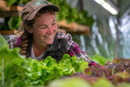 Cheerful female farmer in a hydroponic farm 
