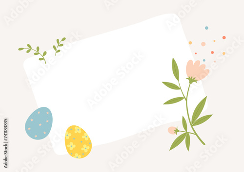 Easter eggs and cute flower plant decoration frame background. Easter celebration card, poster, banner design.