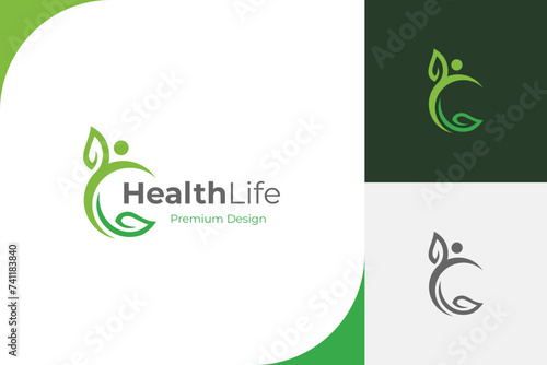 people health life logo icon design. people grow with green leaf icon symbol for health lifestyle logo illustration design element