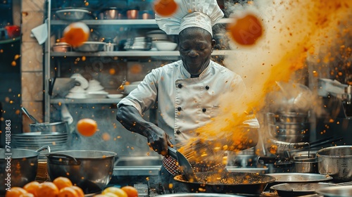 Portrait of an African male chef in kitchen with lots of kitchen staffs flying in kitchen with space, Generative AI.