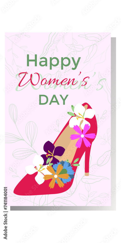 Happy women's day banner with red heeled shoe and different kinds blooming flowers inside. International women's day. Vector Template card poster. Happy women's day banner with red heeled shoe and different kinds blooming flowers inside. International women's day. Vector Template card poster.