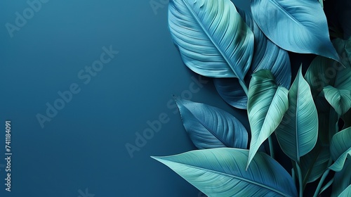 Leaves of various sizes on blue background, leaf background with space, leaf wallpaper, creative art background, multi-purpose background composed of three-dimensional leaves