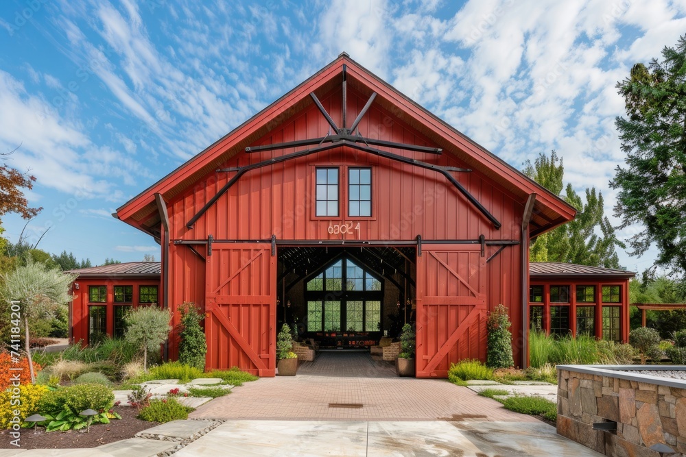 Red barn constructed on a farm in summer with doors open