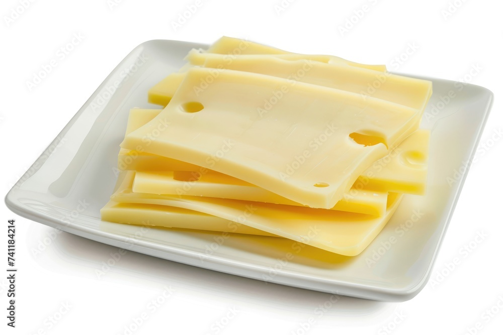 Cheese slices on white plate isolated on white background.
