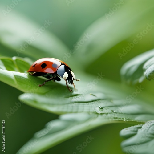 A close-up of a ladybug crawling on a green leaf1