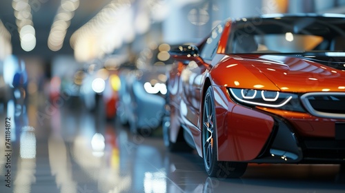 New cars display in luxury showroom with light bokeh in motor show event photo