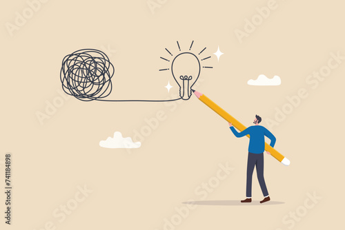 Creativity to solve problem, solution from trouble or difficulty, simplify idea from messy chaos problem, business skill solve complex obstacle concept, business man draw lightbulb from messy knot.