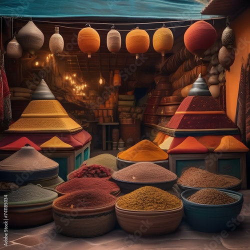 A traditional Moroccan market with colorful textiles, spices, and ceramics on display3 photo