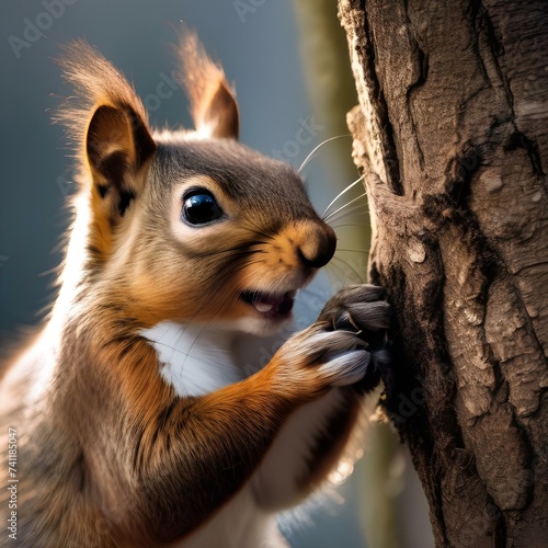 A close-up of a squirrel eating a nut on a tree branch1 photo