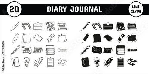Diary Journal Line Glyph Vector Illustration Icon Sticker Set Design Materials