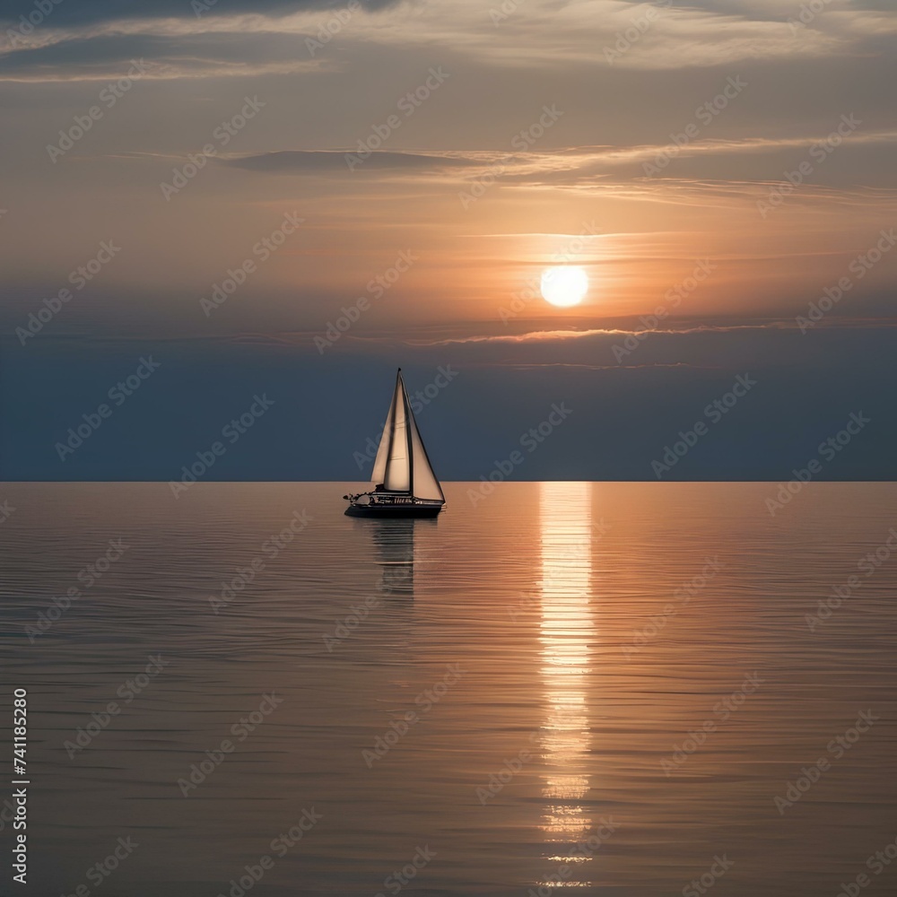 A lone sailboat on a calm ocean, with the sun setting in the distance4