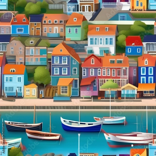 A quaint seaside town with colorful houses clustered around a small harbor5