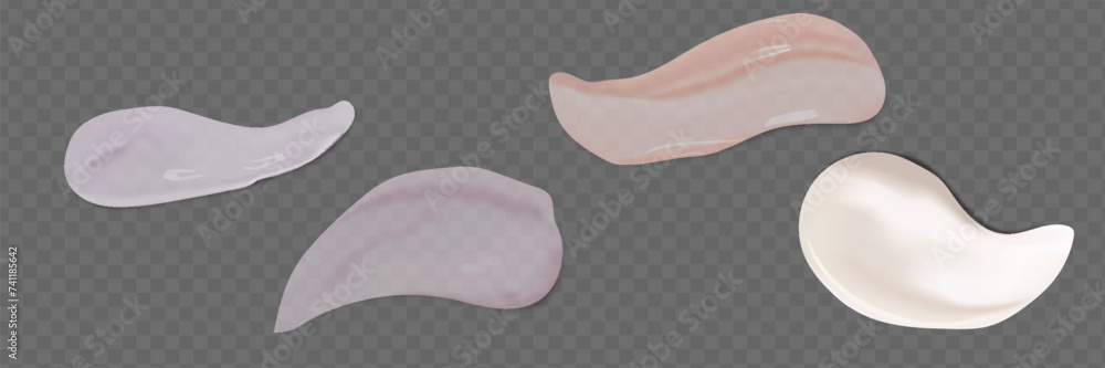 Realistic set of cosmetic cream smears isolated on transparent background. Vector illustration of gel texture substance swatch on surface. Realistic set of cosmetic cream smears isolated on transparent background. Vector illustration of gel texture substance swatch on surface.