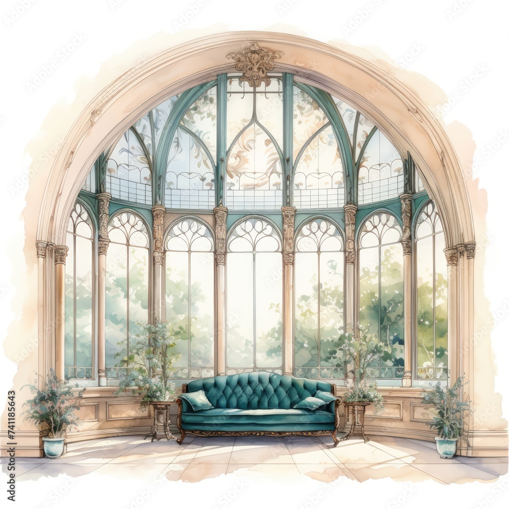 Building with blue sofa and huge tall glass windows