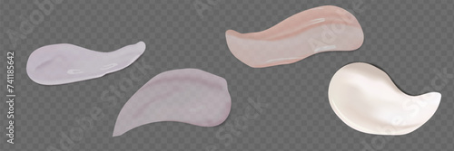 Realistic set of cosmetic cream smears isolated on transparent background. Vector illustration of gel texture substance swatch on surface.