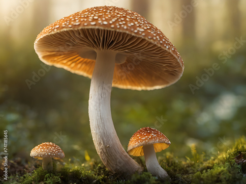 The mystical forest scene with various species of mushrooms growing on logs and the moss-covered forest floor, evokes a sense of magic and awe.