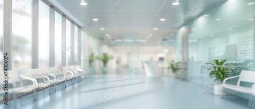Abstract interior of a hospital or clinic: a luxury hospital corridor. Blur clinic interior background Healthcare and medical concepts photo