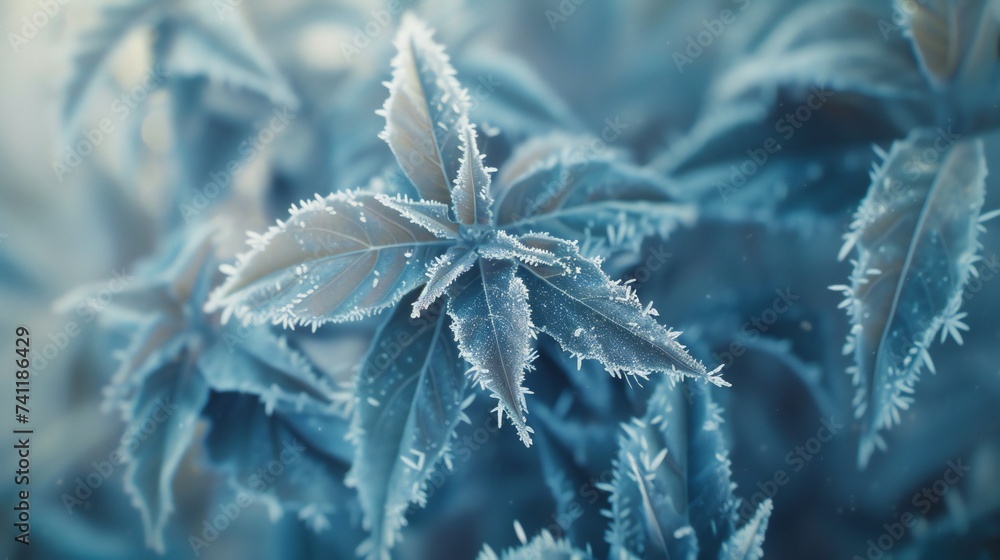 Frosty Neem Serenity: Macro shot captures the serene coldness of neem leaves adorned with frost. Frosty Neem Serenity: Macro shot captures the serene coldness of neem leaves adorned with frost.