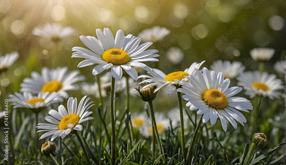 Fototapeta premium Spring white daisies in the garden, spring season floral background.