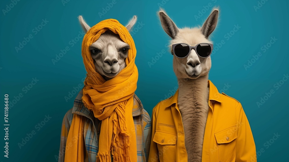 Funny Male and Female Lamas Wearing Modern Yellow Outfit Isolated on Blue Background. Generative AI