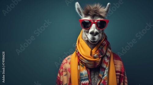 Lama Wearing Winter Outfit and Red Sunglasses Isolated on Blue Background with Empty Copy Text Space. Generative AI © SALEEM