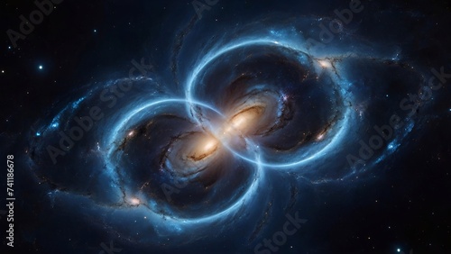 A spiral galaxy collides with another galaxy in space