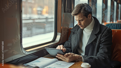 Businessman working on a laptop while traveling in a train, with a scenic countryside view outside.