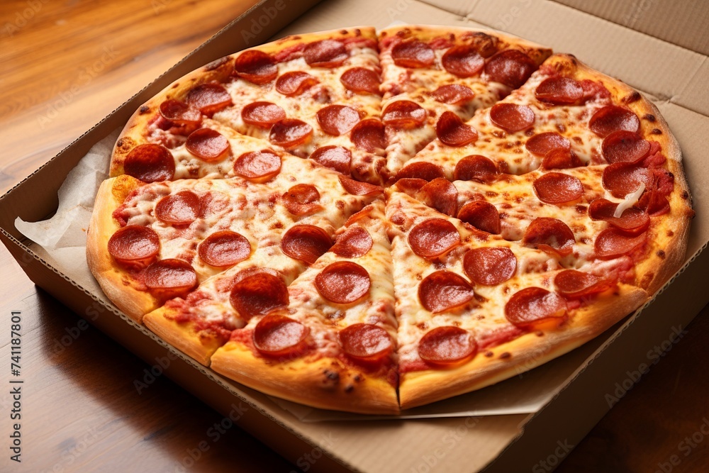 A pepperoni pizza in a takeaway box on woode background, freshly baked pepperoni pizza in a take-out box, classic pepperoni pizza in a cardboard box, pizza, pepperoni pizza, wooden background