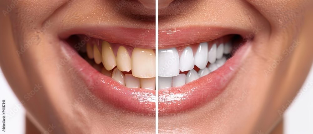 Teeth cleaning and whitening before and after comparison side by side with an empty space for text or product, Generative AI.. - obrazy, fototapety, plakaty 