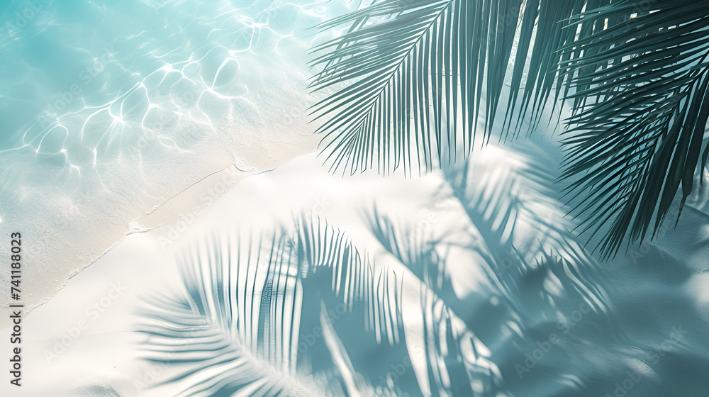 palm leaf shadow on abstract white sand beach background, generative ai