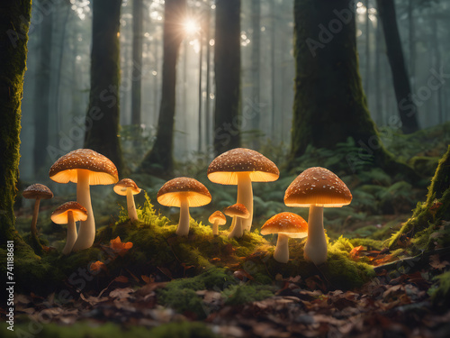 A picturesque scene capturing a field of cute mushrooms dotted across a lush meadow, inviting viewers into a world of joy and serenity. Mushroom in the forest.