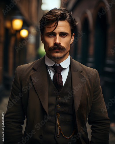 Portrait of Masculine Caucasian Man in Vintage Clothes. Gangster Group in 1920