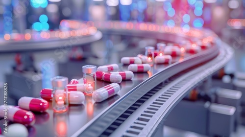 Pharmaceutical Production Line with Capsules, Image showcasing a high-tech pharmaceutical production line with a close-up of capsules in a manufacturing facility. AI