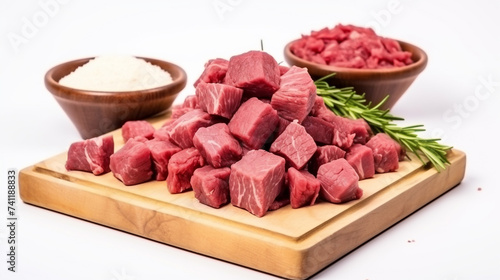 Raw beef meat chopped in cubes isolated on white background