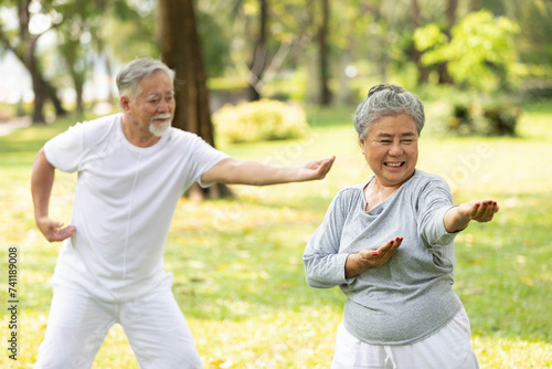 asian senior couple workout and practice tai chi in the park © offsuperphoto